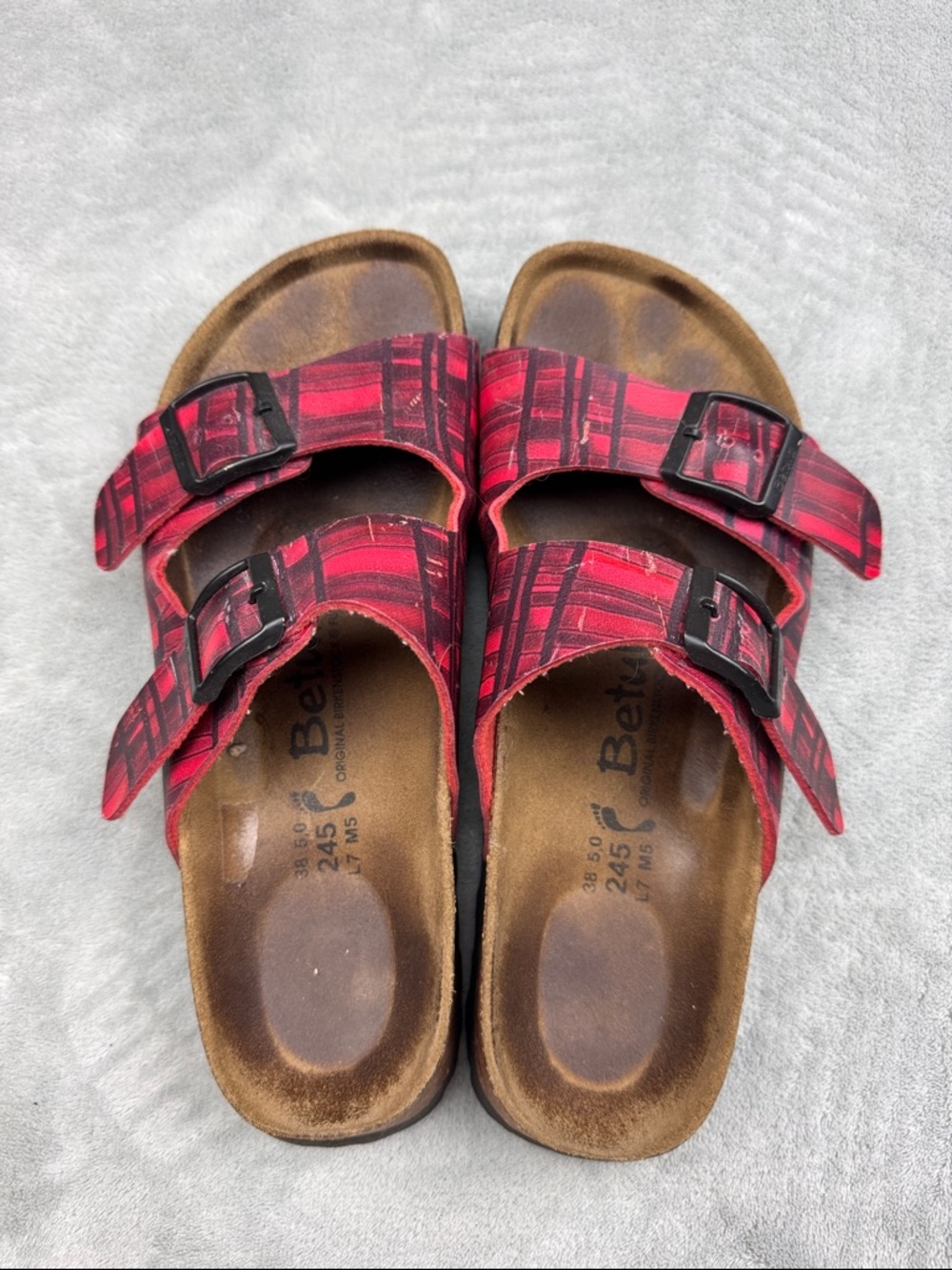 Birkenstock Betula Red Plaid Two-Buckle Sandals Sz 7